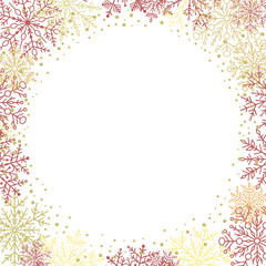 Winter vector frame with red and golden arabesques and snowflakes. Fine greeting card. Pattern with snowflakes