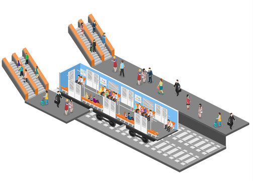 Isometric flat 3D vector interior of metro subway train carriage. underground station