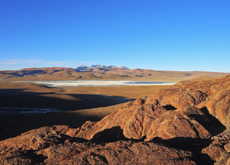Bolivia, Potosi Department, Sur Lipez Province, View towards Laguna Morejon.