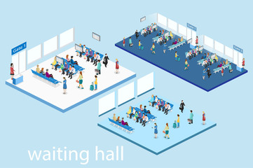 Isometric flat 3D vector interior of waiting room in airport .