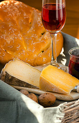 Ukranian cheeses made from cow milk: Tsysarskiy )aka French Tomme) and Cimbor, served with rose...