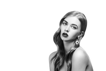 Fototapeta premium Fashion portrait of young beautiful woman with perfect make-up a