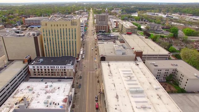 Downtown Appleton Wisconsin, College Avenue in Early Morning, aerial view.
