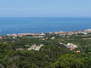 Fototapeta na wymiar Spectacular aerial panorama of Livorno city made from the nearby hills of Montenero on sunny day, Tuscany Italy