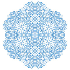Round vector light blue snowflake. Abstract winter ornament. Fine snowflake