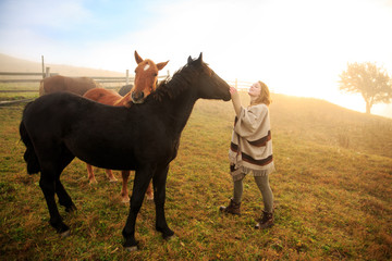 Girl with an horse playing together at the farm. Horses in an early morning foggy field. Concept people and animals. Woman in boho style.