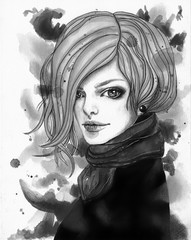Portrait of beautiful girl with short hair on abstract watercolor background. Fashion black and white illustration. Print for T-shirt