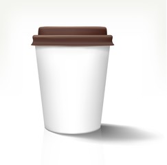 White realistic paper cup in front view with brown cover. Vector illustration. Fully editable handmade mesh. Disposable paper cup used for advertising different drinks.