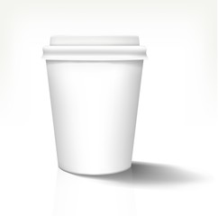 White realistic paper cup in front view with white cover. Vector illustration. Fully editable handmade mesh. Disposable paper cup used for advertising different drinks.