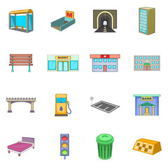 City infrastructure icons set. Cartoon illustration of 16 city infrastructure vector icons for web