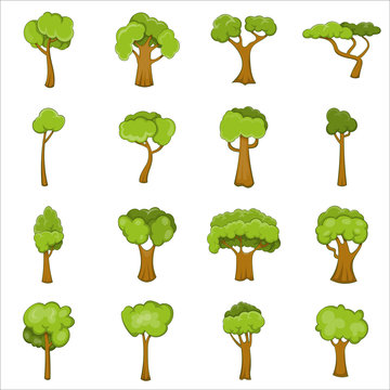 Green trees icons set. Cartoon illustration of 16 green trees vector icons for web