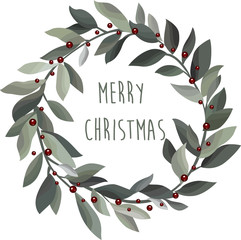 Stylish Christmas wreath with olive leaves,berries and hand drawn inscription Merry Christmas. Hand drawn vector illustration.