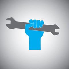 Hand holding open-end fixed wrench icon logo