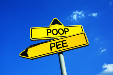 Poop vs Pee - Traffic sign with two options - choosing biological need of solid vs liquid excretion in the toilet and WC