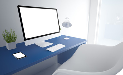 Fototapeta na wymiar blue office computer white screen