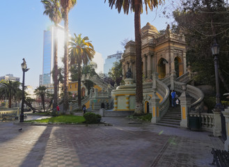 Fototapeta na wymiar Chile, Santiago, View of the Neptune Fountain and Terrace on the Santa Lucia Hill.