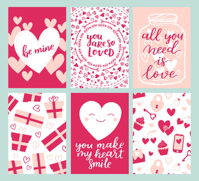 Set of greeting cards for Valentine's Day. Vector collection with brush lettering and hand written elements. Rose, pink and white color labels for your design and invitation.