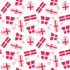 Valentine's Day vector seamless pattern. Flat cartoon gifts and presents on white isolated background. Cute girly pattern design. Great for wrapping and textile.