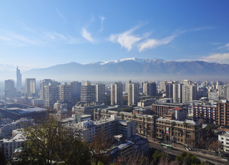 Chile, Santiago, Cityscape viewed from the Santa Lucia Hill.