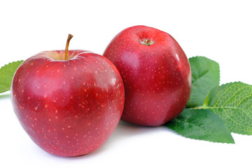 two red apple with leaf on white background