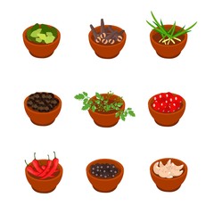 Isometric and cartoon style flavorful spices, condiments icon. Vector illustration. White background.