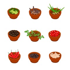Isometric and cartoon style flavorful spices, condiments icon. Vector illustration. White background.