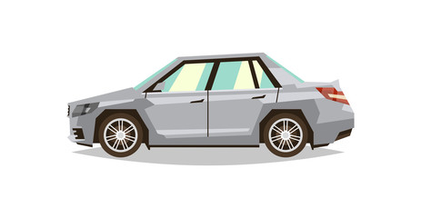 Gray car sedan. Side view. Transport for travel. Gas engine. Alloy wheels