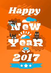 Greeting Card Happy New Year. Typographical printing. Animals and letters. Raccoon, dog, owl, garland, berries. Bells, ribbon. Label, isolated objects on background. The magic and joy.