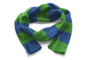 Striped warm scarf on a white background