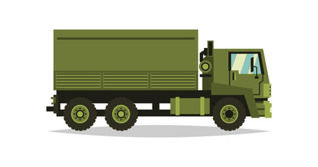 Military truck. Transport carriage of soldiers. The car involved in the fighting. Special equipment. Diesel. Vector illustration. Flat style