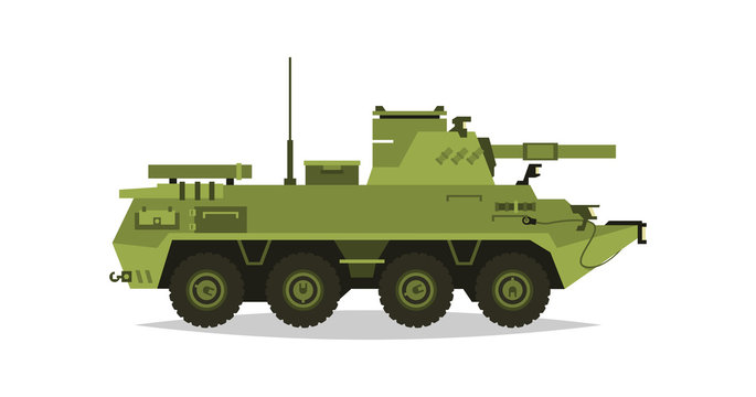 Self-propelled artillery unit. Research, inspection, optical review, rockets, shells. Equipment for the war. All Terrain Vehicle, heavy machinery. Vector illustration