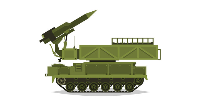 Anti-aircraft missile system. Rockets and shells. Special military equipment. Air Attack. All Terrain Vehicle, heavy vehicles. Vector illustration