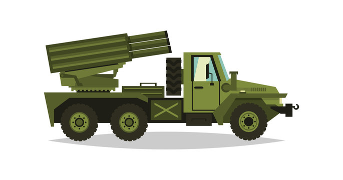 Multiple launch rocket systems. Rockets and shells. Military truck. Equipment for the war. All Terrain Vehicle, heavy machinery. Vector illustration