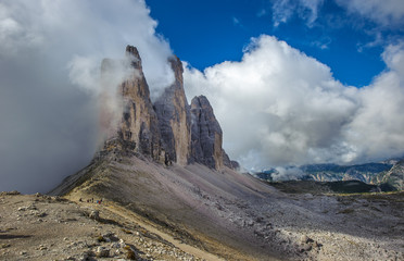 Three peaks. National Park Tre Cime di Lavaredo. Dolomites, Sout