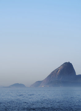 Brazil, City of Rio de Janeiro, The Sugarloaf Mountain viewed from the Guanabara Bay.