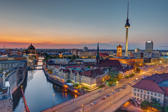 The heart of Berlin with the famous Television Tower after sunset
