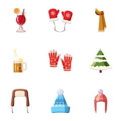 Warm outfits icons set. Cartoon illustration of 9 warm outfits vector icons for web