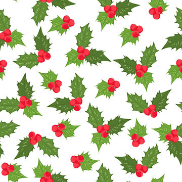 Holly berry ilex mistletoe leaves composition element seamless pattern. Red and green on white background. Christmas and New Year holidays season sign symbol. Vector design illustration.