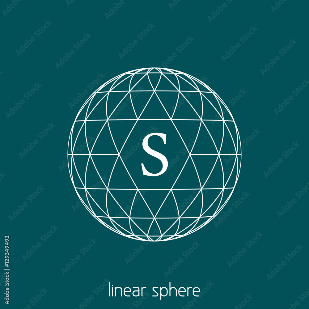 Poster simple sphere covered by triangles with letter s. outline vector orb