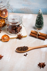 Christmas composition with dry star anise, cinnamon and cloves