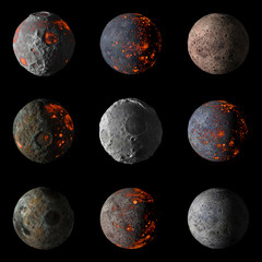 Fototapeta premium Set of Alien hot planets on black background 3d rendering.