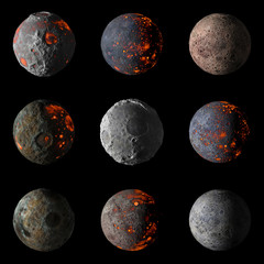 Obraz premium Set of Alien hot planets on black background 3d rendering.