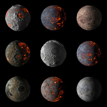 Set of Alien hot planets on black background 3d rendering.