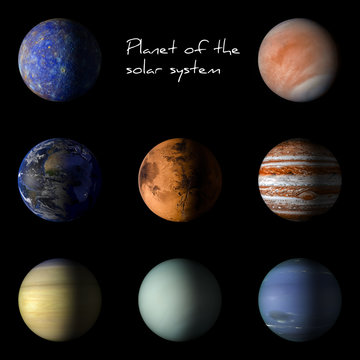 Set of solar system planets on black background 3d rendering.