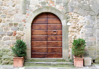 wooden door and stone arch