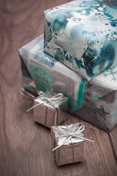 Gifts on wooden background
