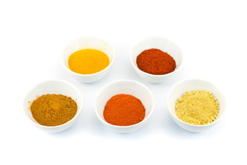 Porcelain bowls with several seasoning spices on white backgroun