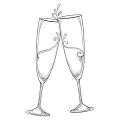 Vector illustration with two contour champagne glasses or flute in black isolated on white background. Outline glass for wine and winery in linear style for holiday design and coloring book.