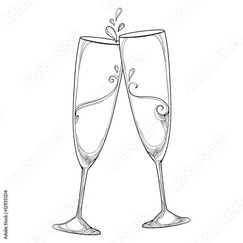 "Vector illustration with two contour champagne glasses or ...