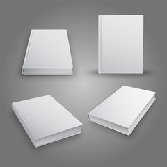 Realistic collection of 3d books with white cover. Mock Up of bo